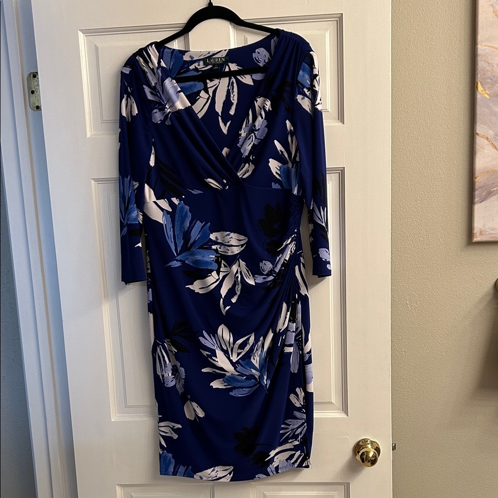 Lauren Ralph Lauren Navy Blue Floral Faux-Wrap Long Sleeve Dress